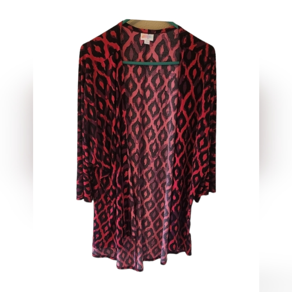 LulaRoe purple, red, & black cardigan/duster.